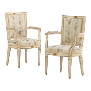 Pair of French Louis XIV Style Painted and Gilt Open Arm Chairs, C 1990.