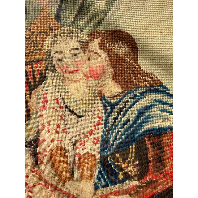 Antique 19th C. Framed Woolwork Needlepoint - Romantic Courtly Galant Scene For Sale - Image 4 of 12