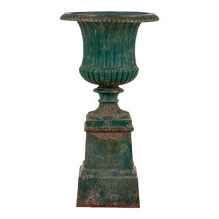 French Neoclassical Style Green Cast Iron Urn on Stand, Mid 20th C. For Sale