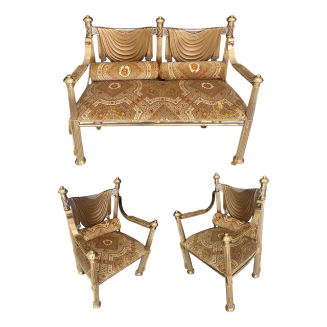 Hollywood Regency 3p Italian Imprt Armchair Loveseat Settee Set For Sale