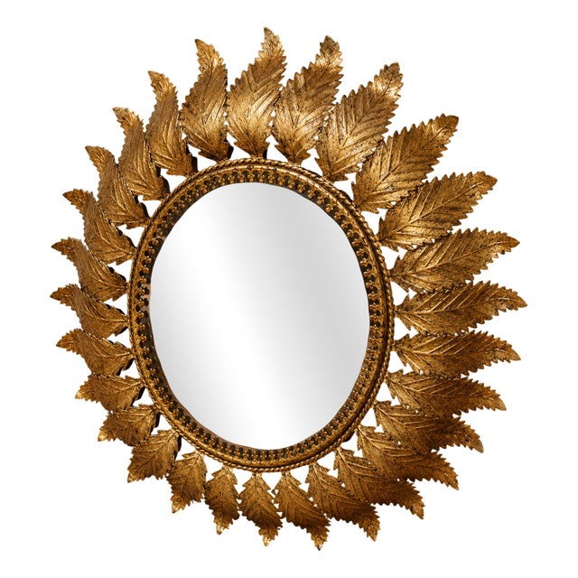 Sunburst Mirror in Gilt Metal with Leaf Decoration Work, 1960s For Sale