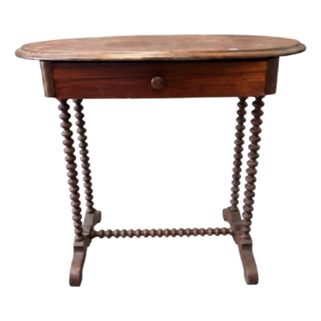 Antique Oval Wood Side Table With Barley Twist Legs & Single Drawer For Sale