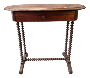 Antique Oval Wood Side Table With Barley Twist Legs & Single Drawer