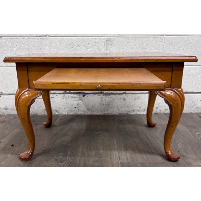 Late 20th Century Vintage Queen Anne Style Parquet Style Top Carved Coffee Table W/ Pull Out Tray For Sale - Image 5 of 12