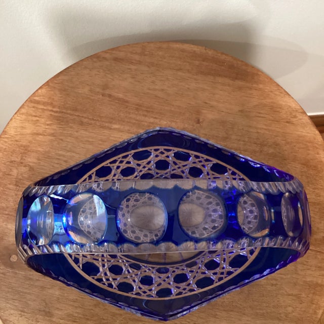 Mid 20th Century Vintage Limited Edition Cobalt Blue Cut to Clear Bohemian Crystal Centerpiece Basket For Sale - Image 5 of 13