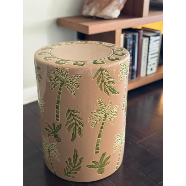 2020s Made Goods Tropical Palm Ceramic Garden Stool in Blush & Green Gloss Glaze Indoor Outdoor Side Table For Sale - Image 5 of 12