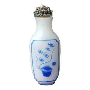 Circa 1900 Chinese Blue Glass Overlay Horse/Censer Motif Snuff Bottle