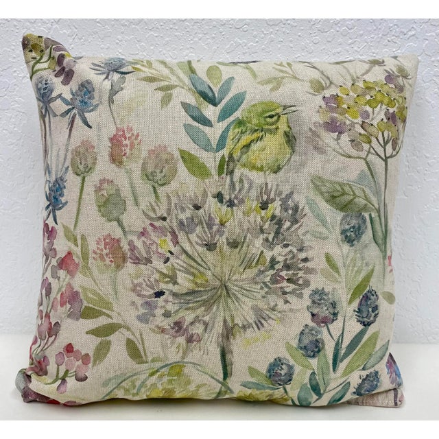 16" Square Pillow Decorated With Colorful Allium, Clover Flowers & Birds - Made in Uk. For Sale - Image 10 of 10