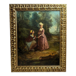 Large 19th Century Victorian Painting of Ladies on a Wooded Path