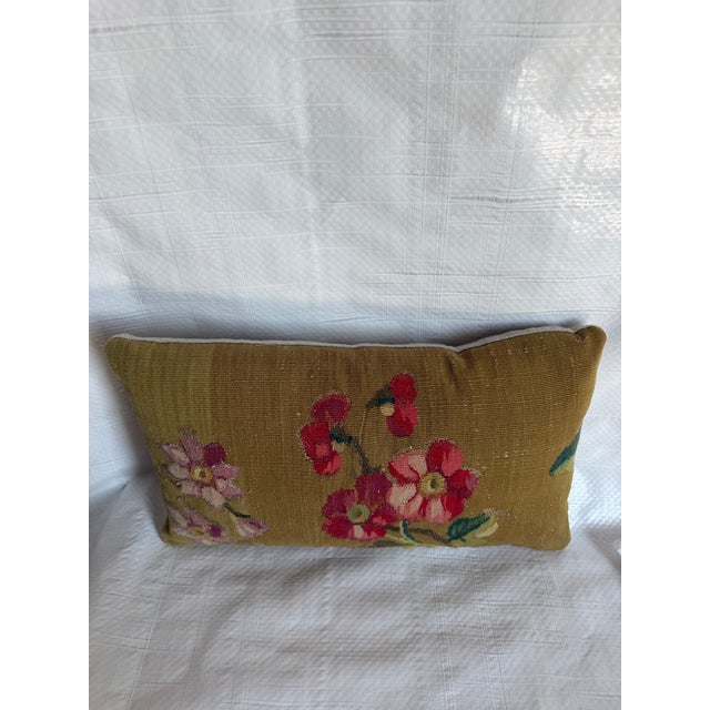 1850s Antique Aubusson Floral Lumbar Pillow in Olive Gold Design For Sale In Los Angeles - Image 6 of 7