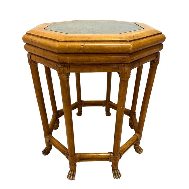 McGuire Style Leather Wrapped Rattan Side Table With Lions Paw Feet For Sale In Miami - Image 6 of 7