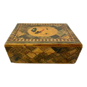 Small Vintage Hand-Crafted Wooden Box Adorned With a Pair of Scotties and Intricate Parquet Patterns From England - Circa 1940’s