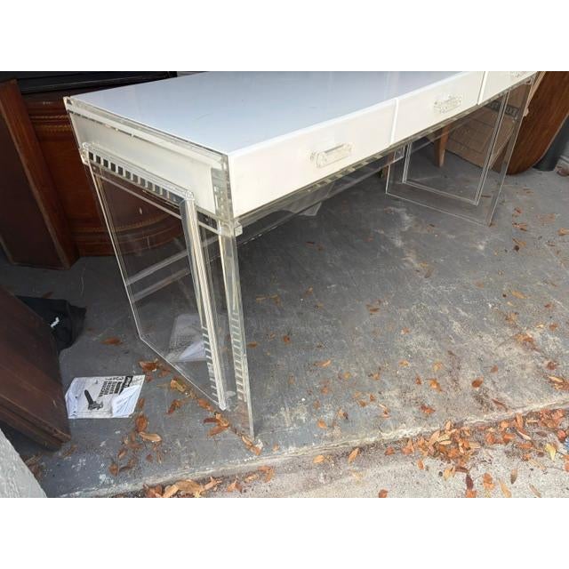White 1970s White and Lucite 66 Inch 3 Drawer Writing Desk For Sale - Image 8 of 9