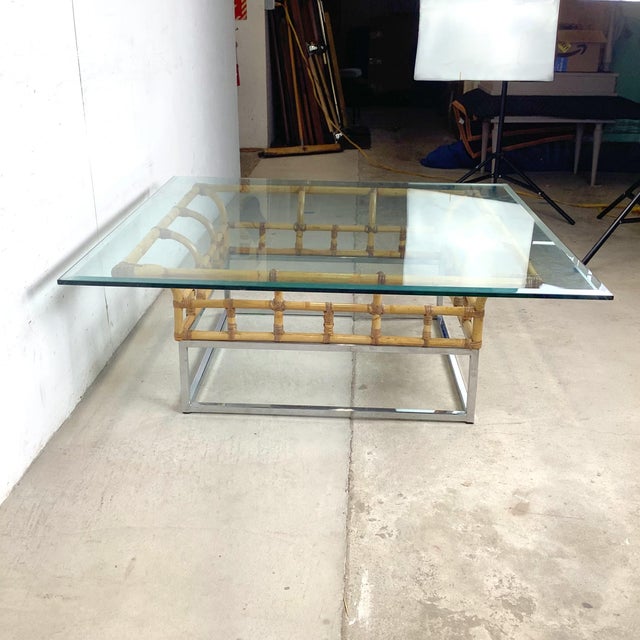 1970s Hollywood Regency Bamboo and Chrome Square Glass Coffee Table For Sale - Image 14 of 18