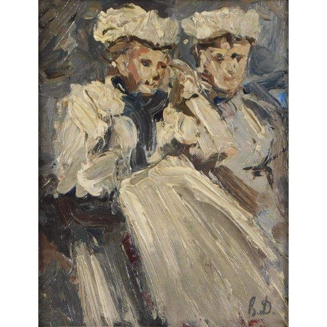 Antique 19th century Continental impressionist oil painting portrait of two women in white dresses. Strong impasto...