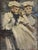 Antique 19th century Continental impressionist oil painting portrait of two women in white dresses. Strong impasto...