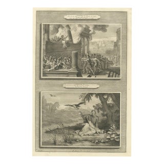 Pieter Mortier, Zimri Burns His Palace and Elijah Fed by the Ravens, Pieter 1700, Engraving For Sale