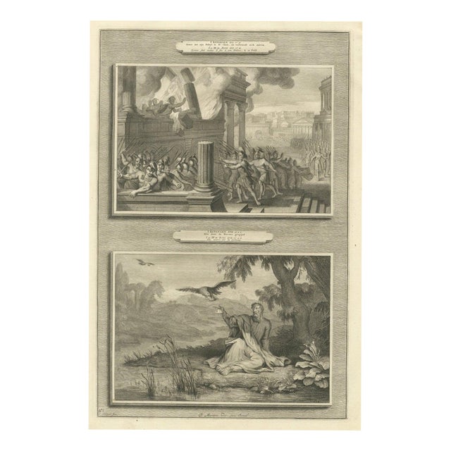 Pieter Mortier, Zimri Burns His Palace and Elijah Fed by the Ravens, Pieter 1700, Engraving For Sale