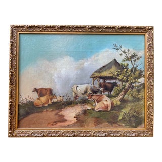Unknown 19th Century French Cow Painting on Canvas in Gilt Frame For Sale