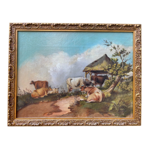 Unknown 19th Century French Cow Painting on Canvas in Gilt Frame