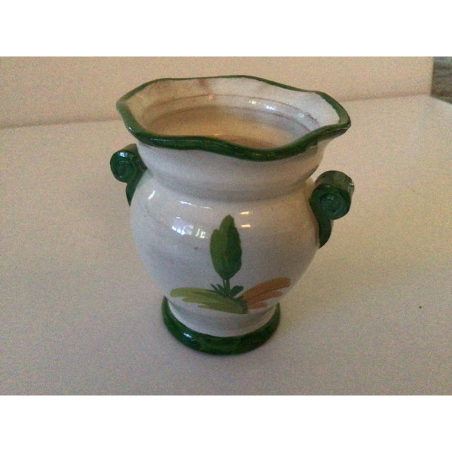 3.75” tall, 2” base, 3” mouth, 9.5” around the vase. Marked Italy 1497/164. White background urn style vase with country...