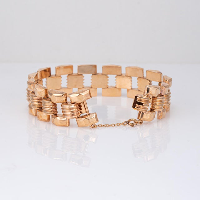 Mid-Century Modern 1940s Portuguese Retro Bracelet 19k Rose Gold 7.5" Fine Jewelry Square Link For Sale - Image 3 of 4