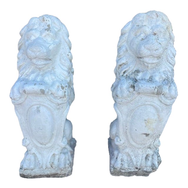 Pair of Early 20th Century Cast Concrete Shield-Bearing Lions — Rescued Asheville, Nc Estate For Sale