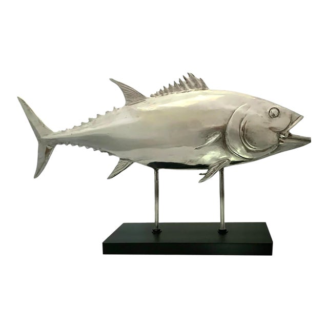 Late 20th Century Fish Sculpture Silver Color Tuna Statue on Base Coastal Nautical Decor For Sale