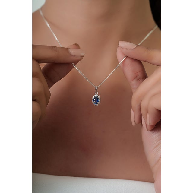 Not Yet Made - Made To Order Oval Cut Blue Sapphire Diamond Halo Vintage Pendant in 14k White Gold For Sale - Image 5 of 12