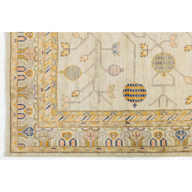 Cream Modern Khotan Style Hand-Knotted Cream Wool Rug Pomegranate Tree of Life Design For Sale - Image 8 of 11