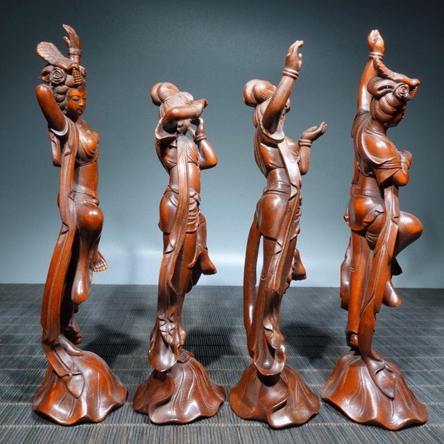 Mid 20th Century Set of 4 Vintage Chinese Boxwood Dancing Figures | Carved Musician Statues For Sale - Image 5 of 9