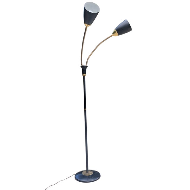 Metal Vintage Gerald Thurston for Lightolier Gooseneck Black and Gold Floor Lamp For Sale - Image 7 of 13