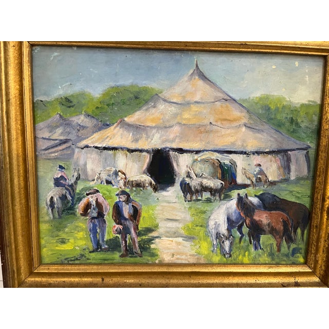 Vintage acrylic on board painting of horsemen in front of a large tent in the background. Could be a scene in Tibet. Nice...