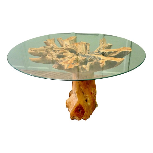 Yewwood Root Tree Dining Table with Round Glass Top, 1980 For Sale