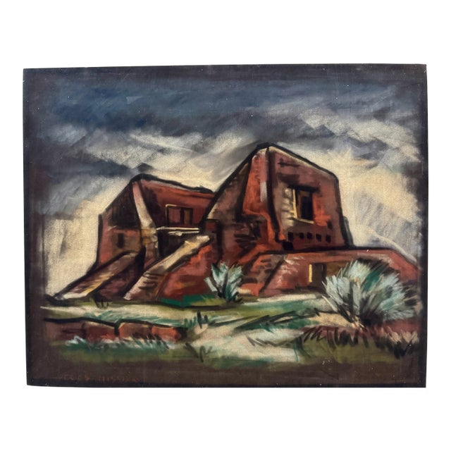 Henry Emil Salloch Original Pastel on Paper Pecos Mission, 1959 For Sale