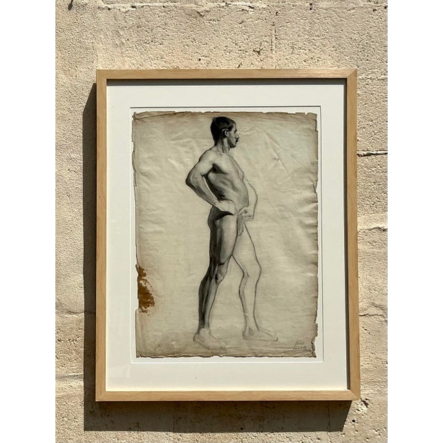 This exceptional antique life drawing is a masterclass in the late 19th-century French Academic tradition. Rendered in...