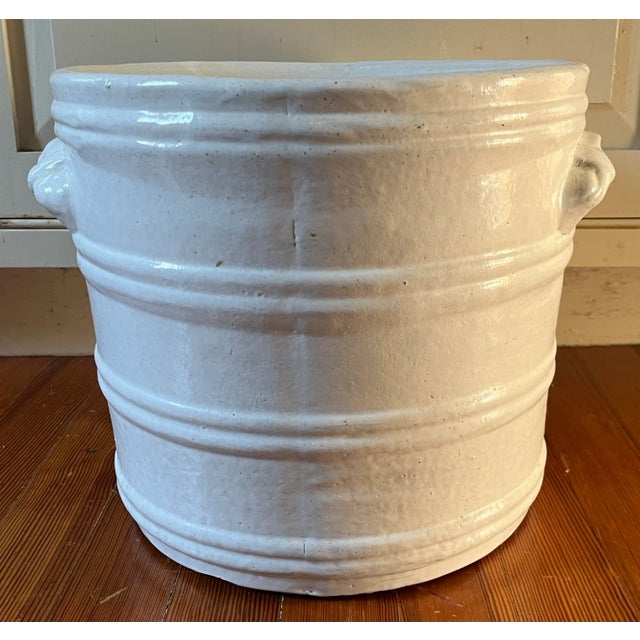 American Art Pottery White Barrel Form Flower Pot Planter or Jardiniere For Sale - Image 11 of 12