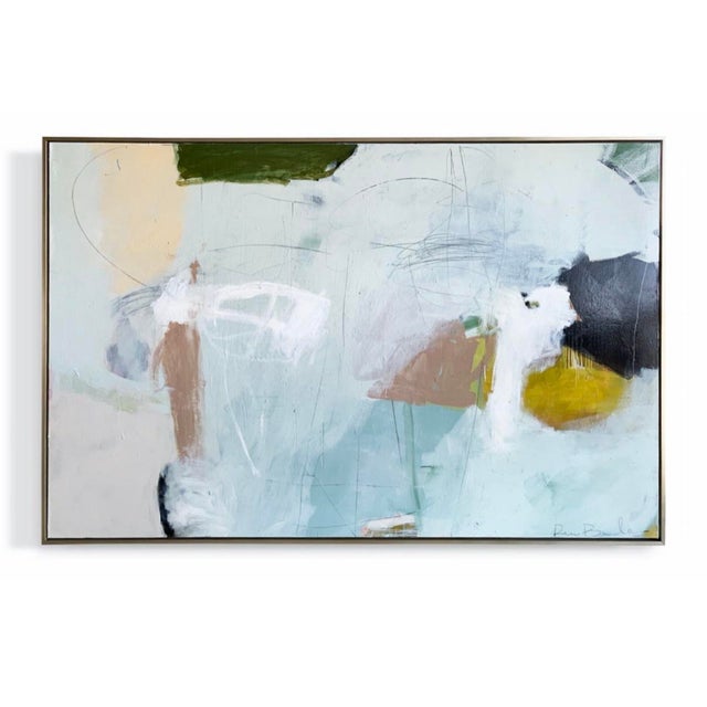 The piece has a dreamy, ethereal quality with a color scheme of pale blues, saffron, ggreen, and muted whites that create...