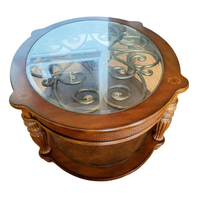 Antique Wooden Coffee Table Featuring a Glass Top, Bronze Ornamentation, and Two Tiers. For Sale