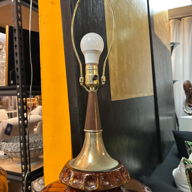 1970s Large Amber Glass, Brass and Wood Table Lamps a Pair For Sale - Image 5 of 10