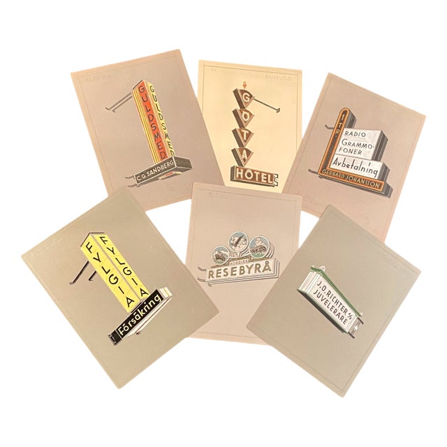 Swedish Art Deco Advertising Sign Gouaches, 1930s, Set of 6 For Sale