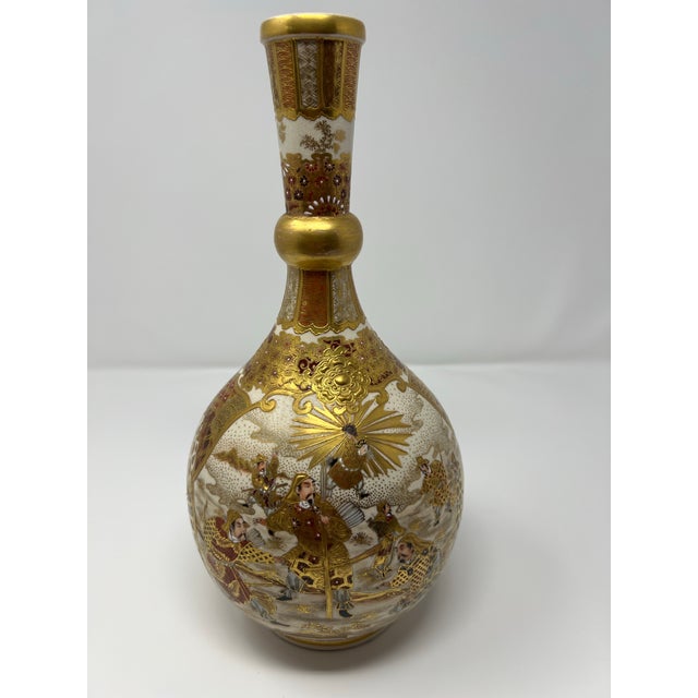 Gold Antique Japanese Satsuma Bottle Vase, Meiji Period Figural Court Scene With Gilt Moriage Decoration For Sale - Image 8 of 9