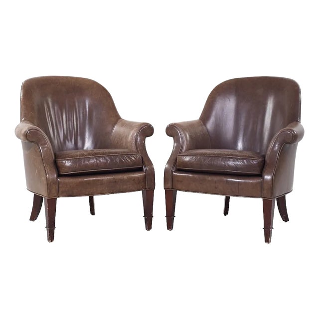 Baker Furniture Brown Leather Barrel Club Lounge Chairs For Sale