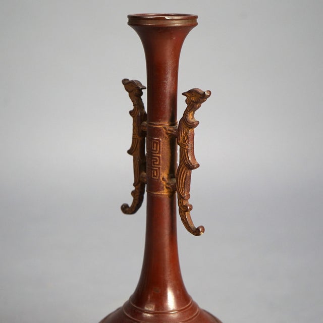 Chinese Chinese Bronze Vase with Enameled Floral Design & Dragon Handles, Early 20th Century For Sale - Image 3 of 6