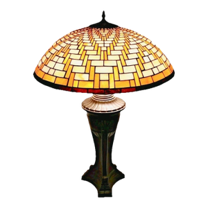 Large Vintage Arts & Crafts Inspired Basket Weave Stained Glass Bronzed Metal Table Lamp