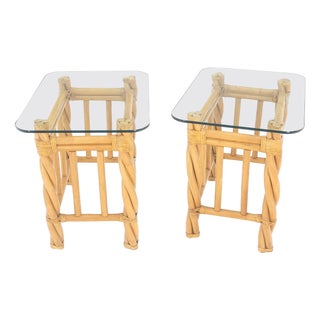 Pair Decorative Twisted Rattan Rectangle End Side Tables Stand Rounded Glass Top For Sale