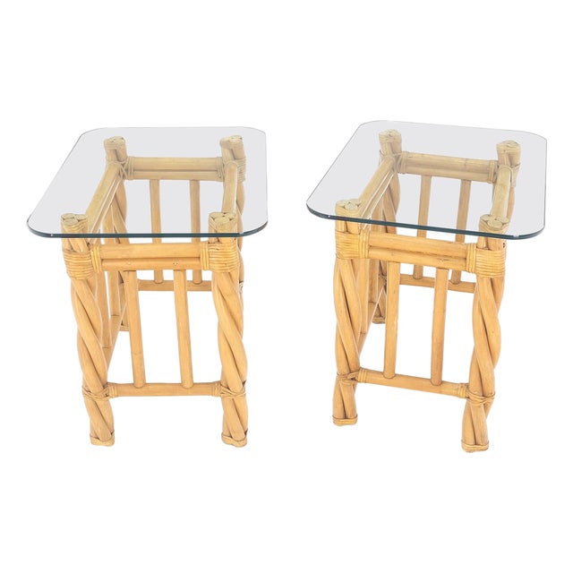 Pair Decorative Twisted Rattan Rectangle End Side Tables Stand Rounded Glass Top For Sale