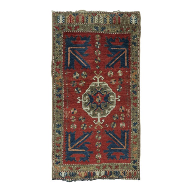 Antique Turkish Yastik Rug in Rich Red With Geometric Medallion - Rug & Kilim For Sale