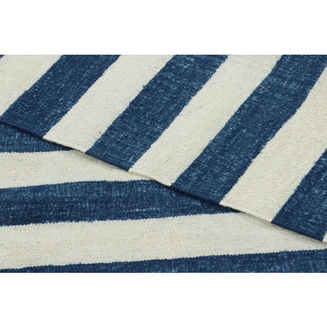 White Rug & Kilim’s Indian Dhurrie Rug in Cool, Coastal Navy Blue and White Stripes For Sale - Image 8 of 8