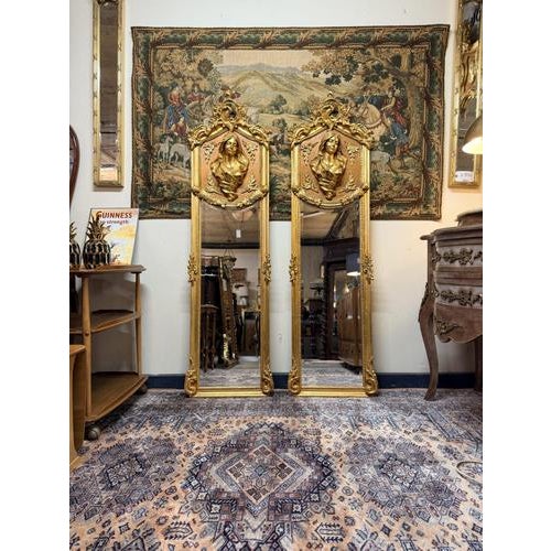 French Louis XVI Style Giltwood and Plaster Figural Beveled Mirrors, Set of 2 For Sale - Image 5 of 6